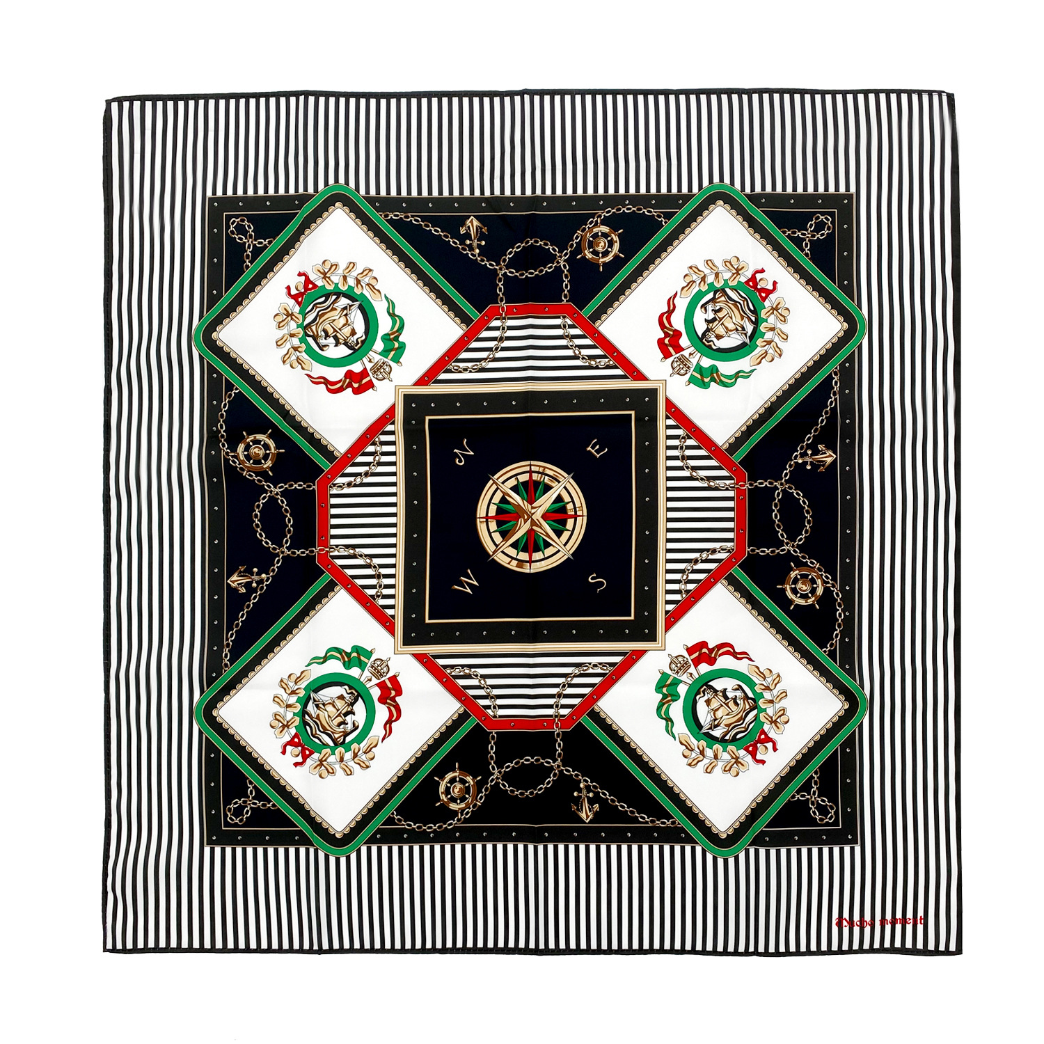 2021春裝飾印花現貨平紋女條紋指南針小方巾時尚高級感黑色絲巾