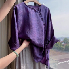 0582新中式葡萄紫盘扣斜襟上衣宽松防晒衬衫女高级感轻奢提花衬衣