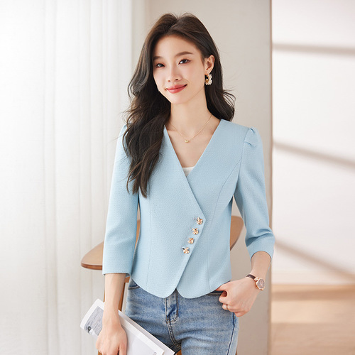Cross V-shaped collarless cardigan short coat for women 2024 spring and summer new style mid-sleeve shoulder waist professional casual blue top