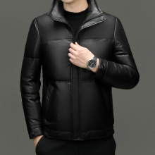 高端品牌海宁绵羊皮衣白鹅绒软皮羽绒服男士立领加厚保暖皮夹克短