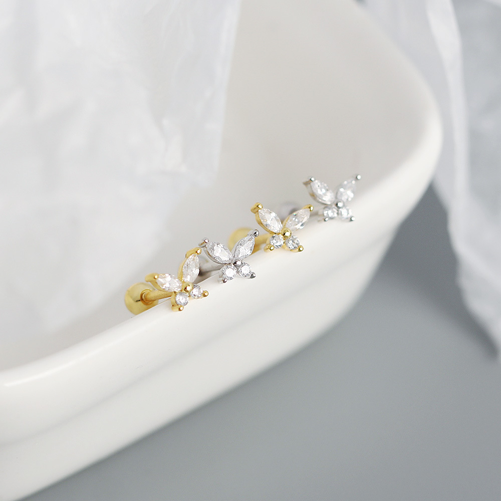 s925 silver butterfly zircon screw thread ear stud female