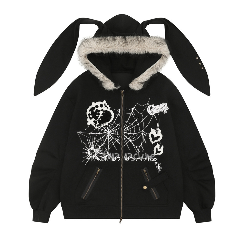 Dark Style High Street Spider Web Cartoon Kapuzenjacke mit langen Ohren für Herren mit abnehmbarem Pelzkragen und Zwei-Wege-Reißverschluss_voghion.com