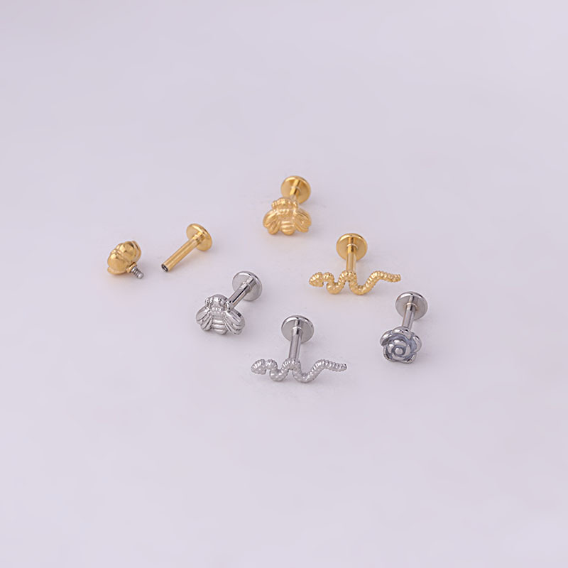Stainless Steel Flower Insect Snake Shape Internal Thread Ear Bone Stud Piercing Jewelry