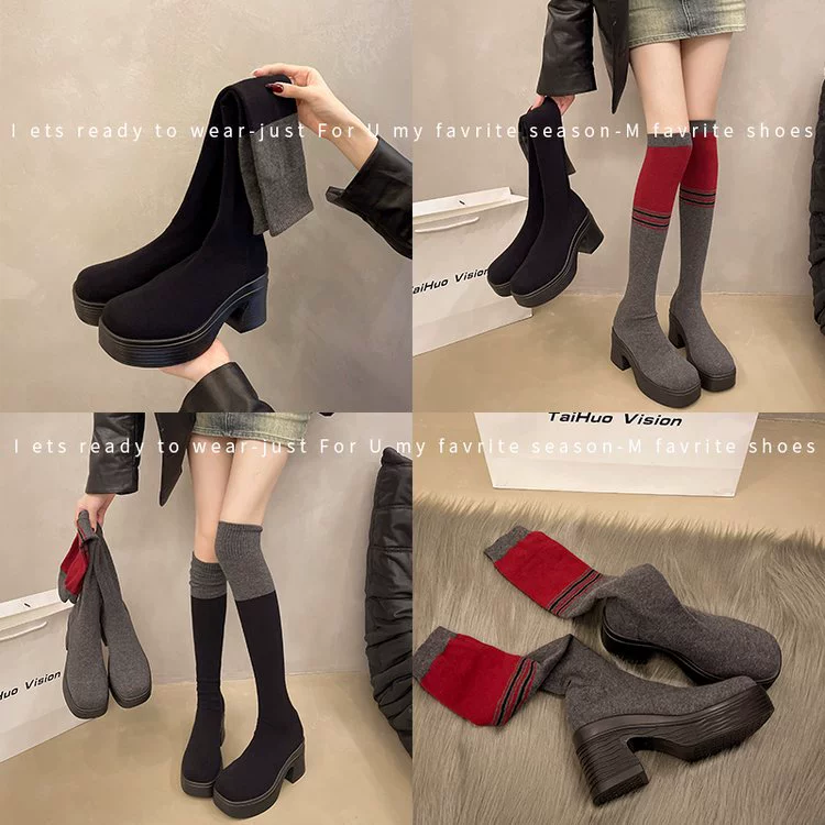 Demi-season high boots platform, elastic socks, plus size