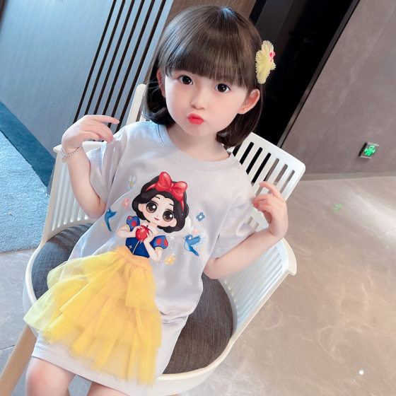 2024 Girls dress Baby Summer New Three-Dimensional Princess T-Shirt Dress Western Style Hundred Towers Cartoon Cute Trend
