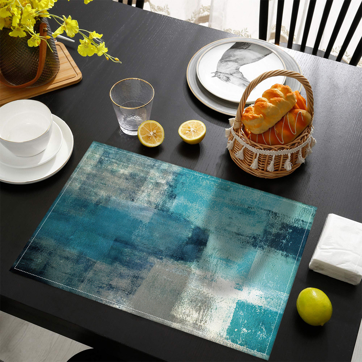 Pintura al óleo graffiti de una sola capa de lino Placemat Arte Decoración tela estera de mesa montaña lavado antideslizante estera de aislamiento