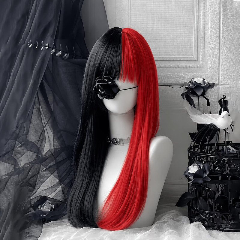 Black and red two-tone long straight wig with bangs for women, high-temperature fiber, full head, cross-border supply, in stock, customizable with labels Black and red two-tone long straight wig with bangs for women, high-temperature fiber, full head, cross-border supply, in stock, customizable with labels