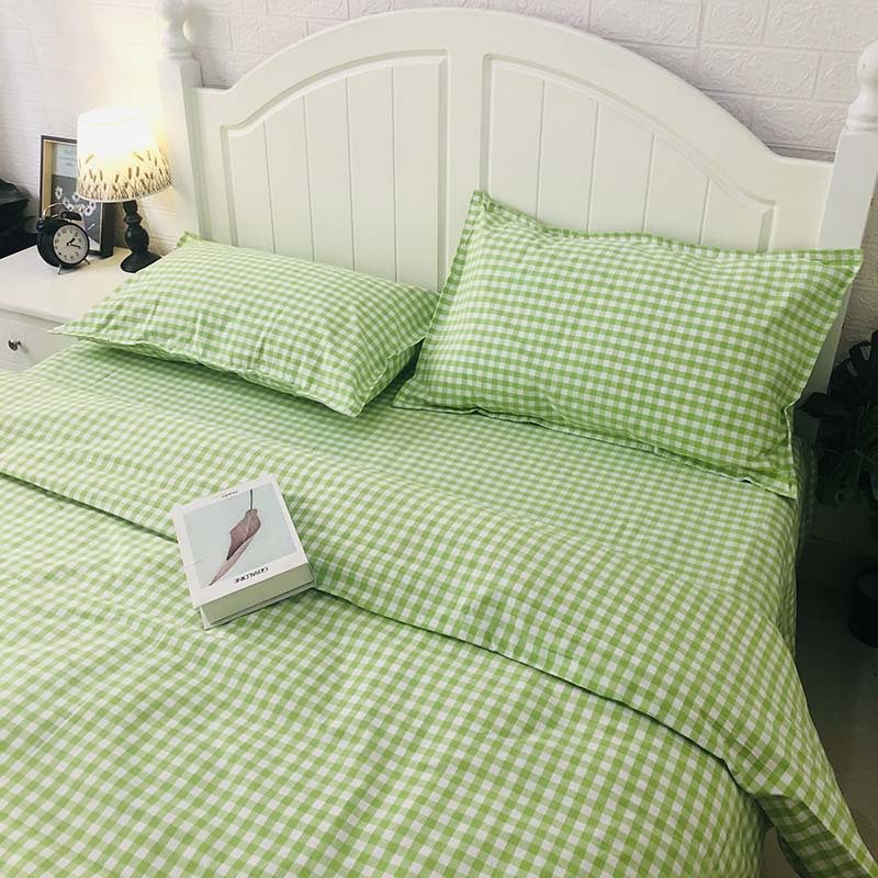 2F【Premium Coarse Cotton】Pure Cotton Thick Green Small Check Bed Sheet Duvet Cover Set of 3-4 Pieces Home Textiles Double