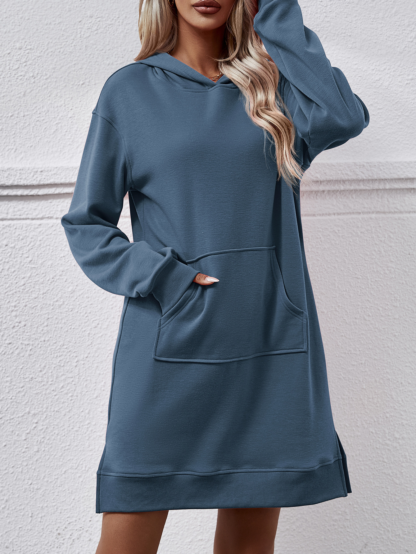 Autumn Winter Women Clothing Hooded Long Sleeve Kangaroo Pocket Split Long Sweater Dress