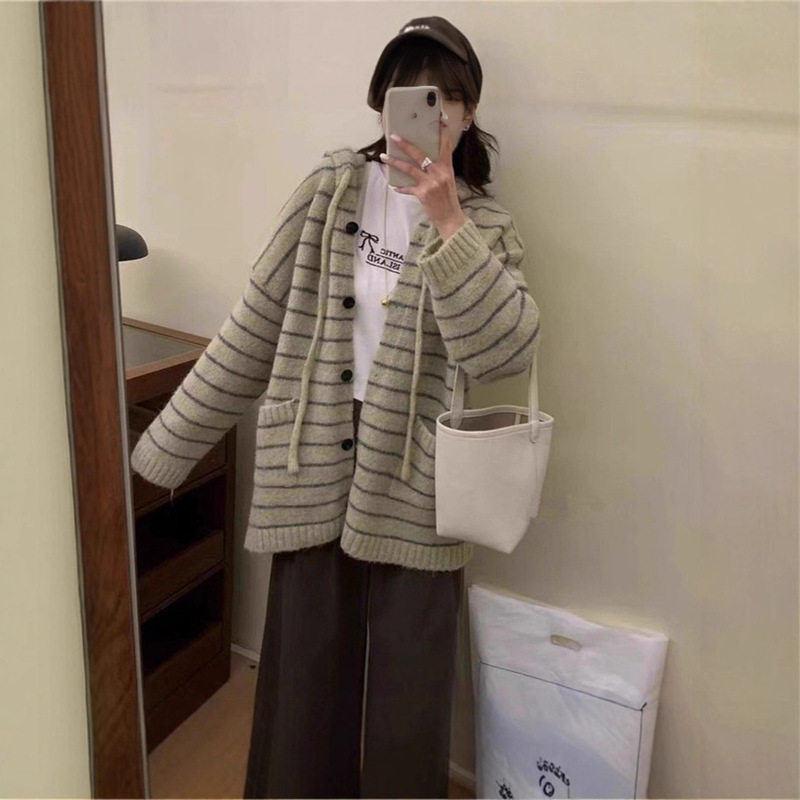 韩系撞色条纹连帽抽绳针织开衫女中长款休闲慵懒宽松软糯毛衣外套|undefined