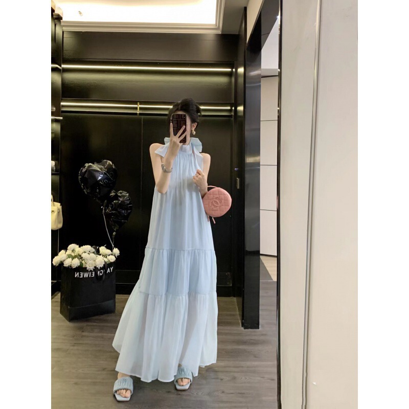 Celebrity Zhang Bichen and Bai Lu's Same Style Bow Halter Neck Spaghetti Strap Dress, Summer 2026 Long Dress, Beach Vacation Dress