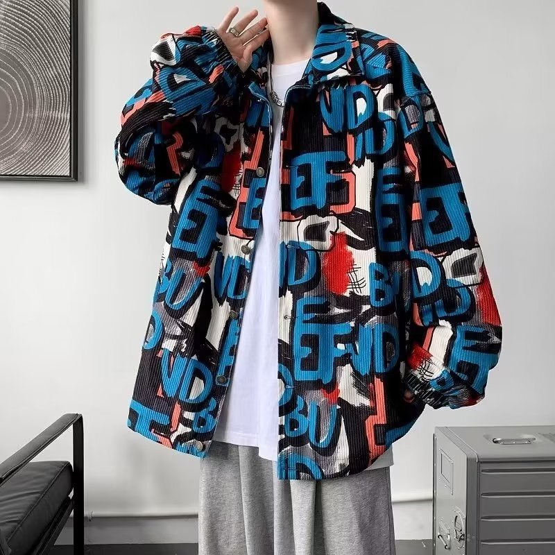 Spring and Autumn Trendy Corduroy Jacket Men's Handsome Retro Printed Long-Sleeved Shirt Loose Casual Work Jacket Spring and Autumn Trendy Corduroy Jacket Men's Handsome Retro Printed Long-Sleeved Shirt Loose Casual Work Jacket