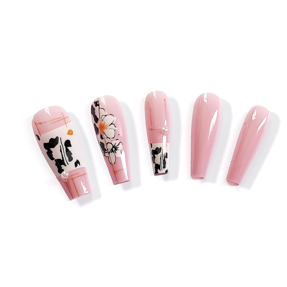 Estilo caliente europeo y americano, flores de uñas de desgaste, parche de uñas postizas de sentido avanzado, uñas de ballet trapezoidal largas, piezas de uñas al por mayor