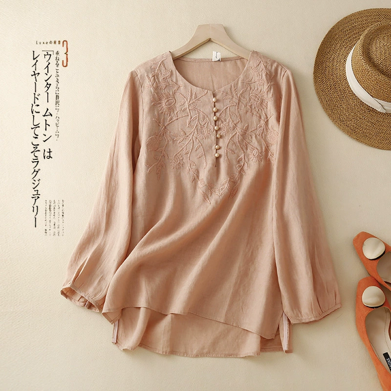 Женские рубашки с длинными рукавами из чистого хлопка и льна с вышивкой, свободные литературные ретро 2022, новые весенне-осенние топы, элегантные рубашки для женщин