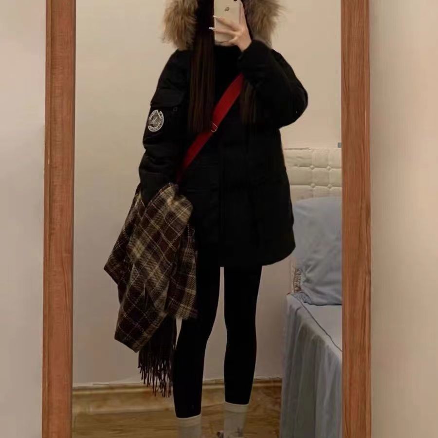 Negro encapuchado cuello de lana ropa de algodón chaqueta de invierno para mujeres 2024 nuevo estilo americano vintage suelto ropa de algodón gruesa moda