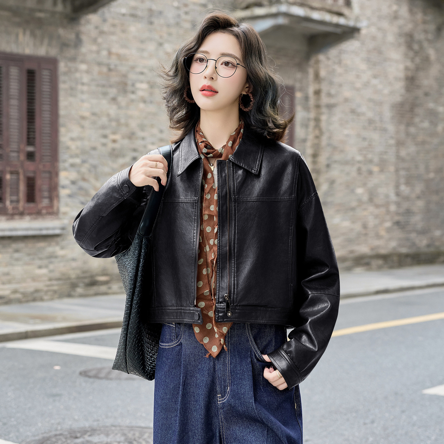 Sheepskin Jacket Women's Thin Spring & Fall Fashionable Design Retro Motorcycle Leather Jacket Short Top