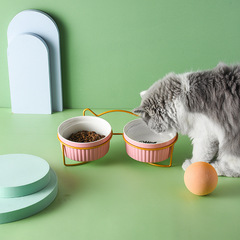 Cat Bowl Iron Stand Ceramic Dual Bowl Slant Mouth Pet Bowl Neck Protection Striped Cat Food Bowl Cat Food Bowl Drinking Small Bowl