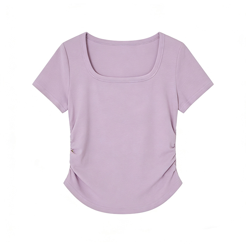 冰丝罗纹设计感弧形穿搭修身褶皱收腰上衣显瘦夏季短袖T恤女批发