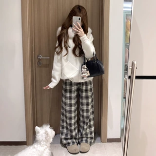 复古格子休闲裤女秋冬季2026新品慵懒高腰显瘦直筒长裤垂感阔腿裤