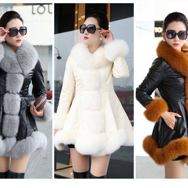 Haining Women's Leather Jacket 2025 Imitation Fox Fur Collar Imitation Fur Women's Jacket Leather Mid-Length Slim Large Size Women's Pu