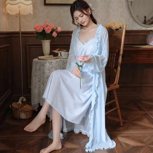 Women's Fall Pajama Set with Long Sleeve Robe, Braided Strap Dress, Court Style Sleepwear, French Net Gown, Wearable Homecoming Set