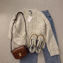 The Barnnet八奶韩系重工麻花针织圆领毛衣女设计感宽松休闲上衣