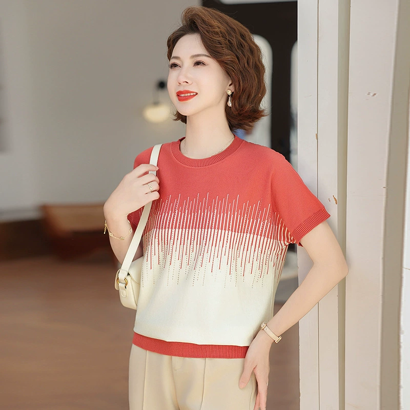 Мама летнее платье темперамент с короткими рукавами 2025 новый средний и пожилой женский свитер с ледяным шелком футболка с круглым вырезом