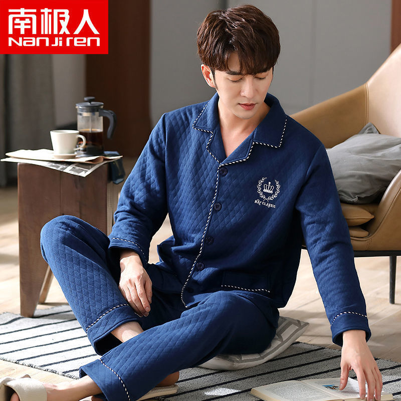 Pijamas hombres 100% algodón Otoño e Invierno Nuevo más tamaño joven y de mediana edad intercalar espesado cálido traje de primavera y otoño