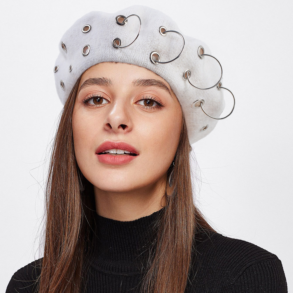Retro, Punk, Streetwear Style Eaveless Rim Women's Retro Punk Streetwear Solid Color Metal Eaveless Beret Hat