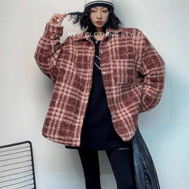 美式复古格子外套加绒加棉翻领毛呢秋装衬衫棉服羊羔绒冬季上衣服