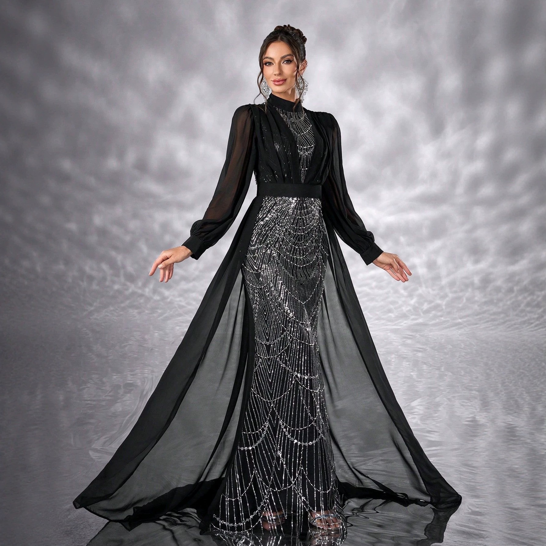 New Foreign Trade Evening Dress Chiffon Sequin Gown with Beaded Patchwork Design Long-Sleeve Wholesale Dress-Mg1844