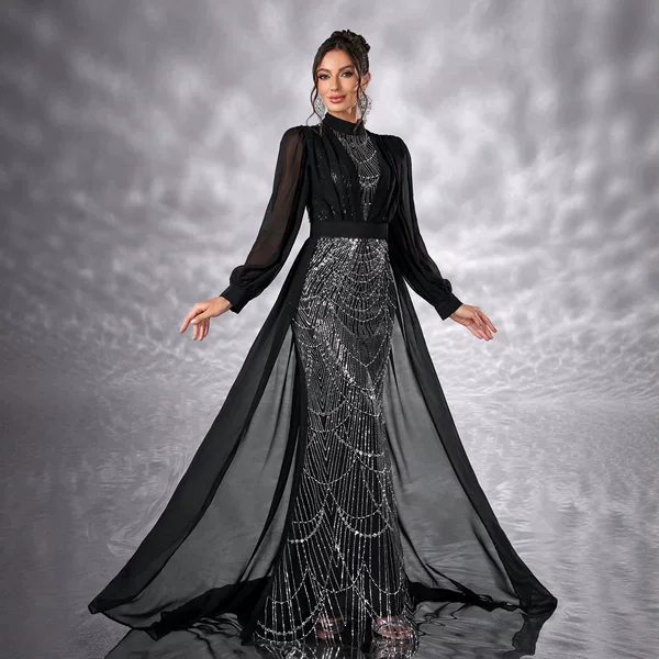 New Foreign Trade Evening Dress Chiffon Sequin Gown with Beaded Patchwork Design Long-Sleeve Wholesale Dress-Mg1844