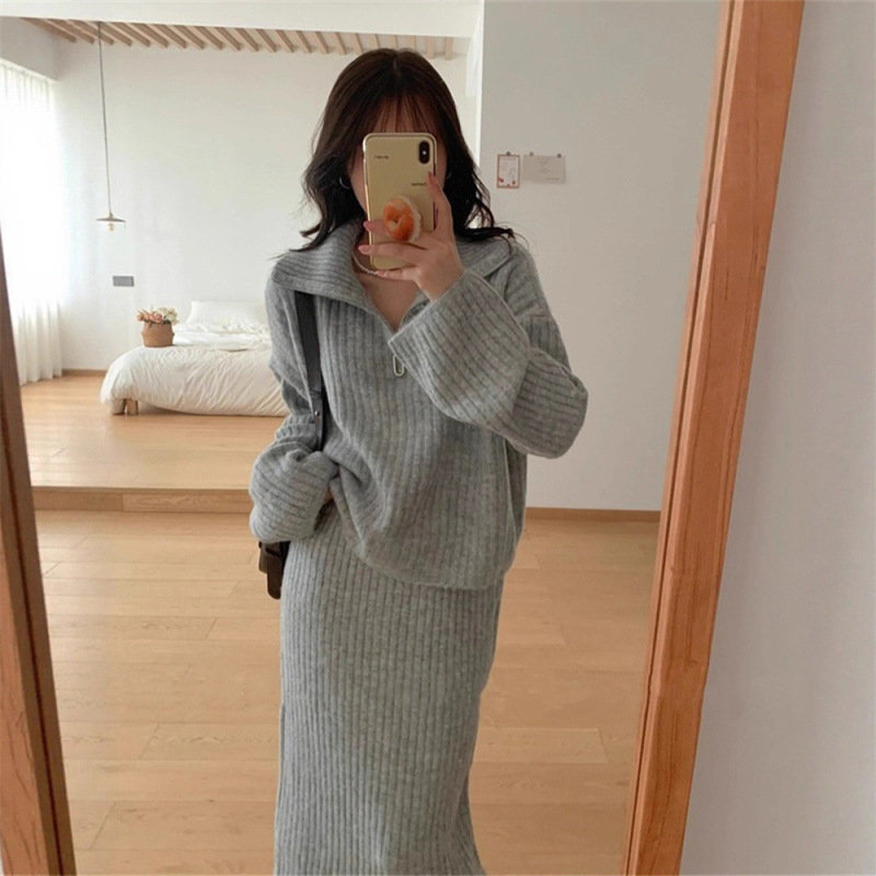 跨境秋冬季新款半拉链翻领毛衣套装女慵懒风宽松针织半身裙两件套|undefined
