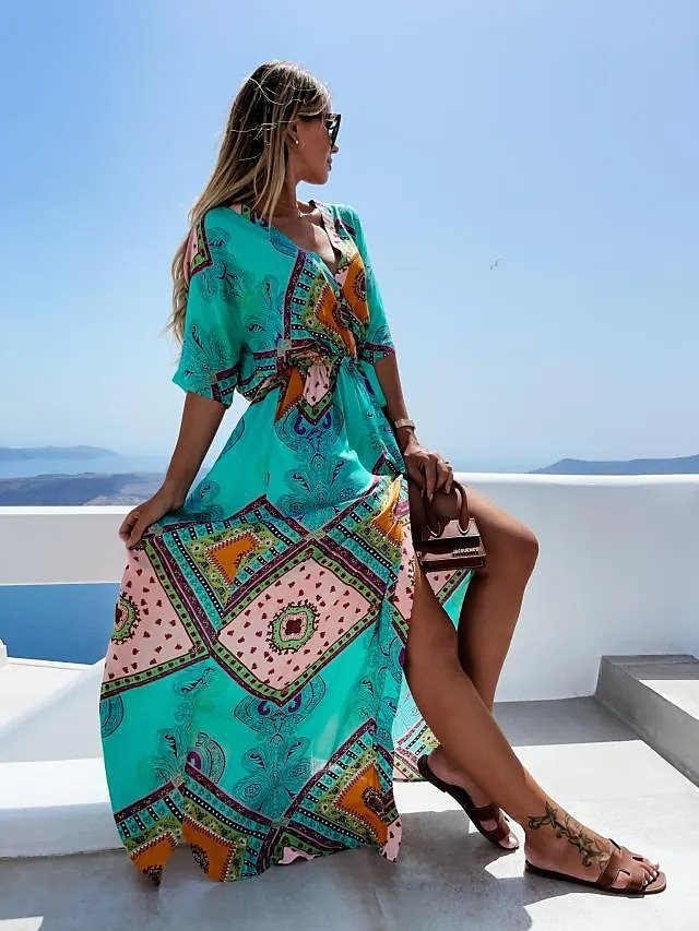 232g Weight Maxi Long Dress Dress Length Type Short Sleeve Sleeve Length Wholesale Women'S Elegant Printing Color Block Holiday V Neck Short Sleeve Regular Dress