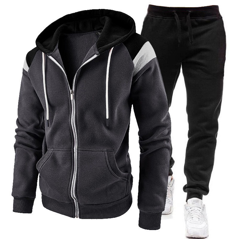 Sweat à capuche zippé tendance pour hommes 2024, ensemble deux pièces printemps et automne, épissage de sport_voghion.com