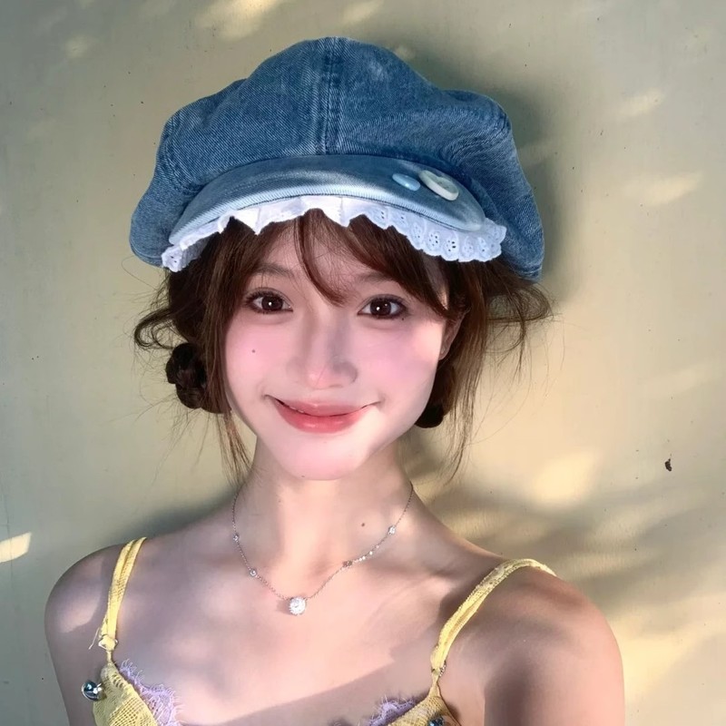 ボタンレースのサイドの水洗いデニムのベレー帽の女性の夏の韓国版の百合の顔の小さい雲の帽子の八角の帽子の潮|undefined