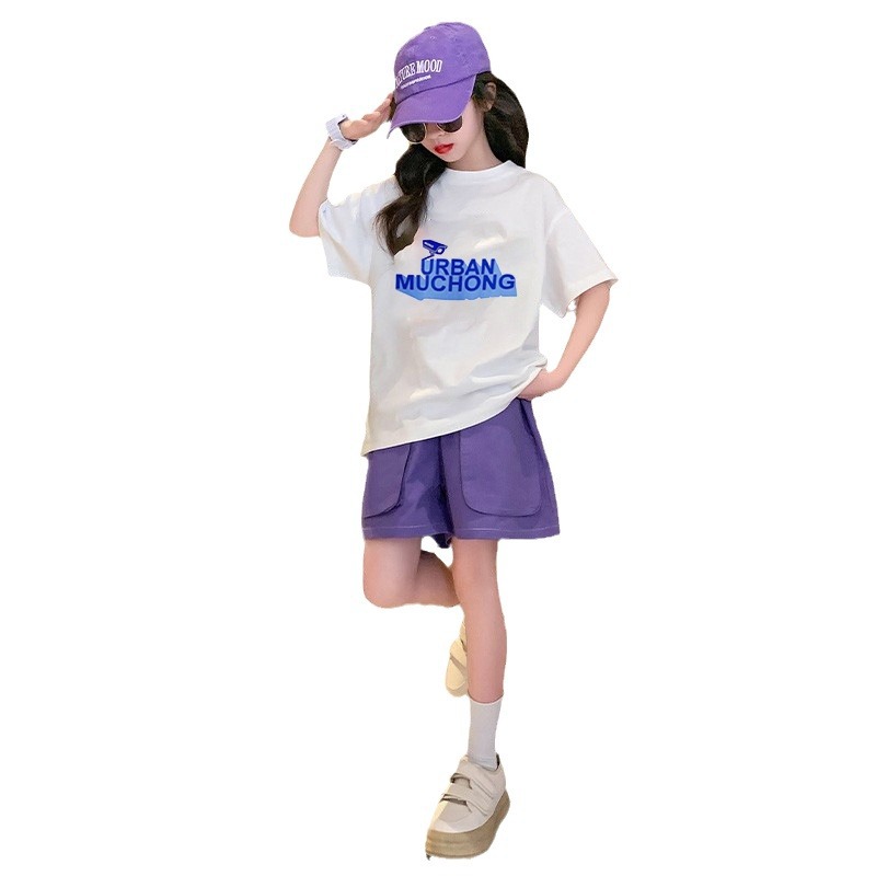 Traje deportivo para niños de niñas de verano estilo occidental de moda para niñas manga corta Internet celebridad pantalones cortos de moda para niños traje de dos piezas