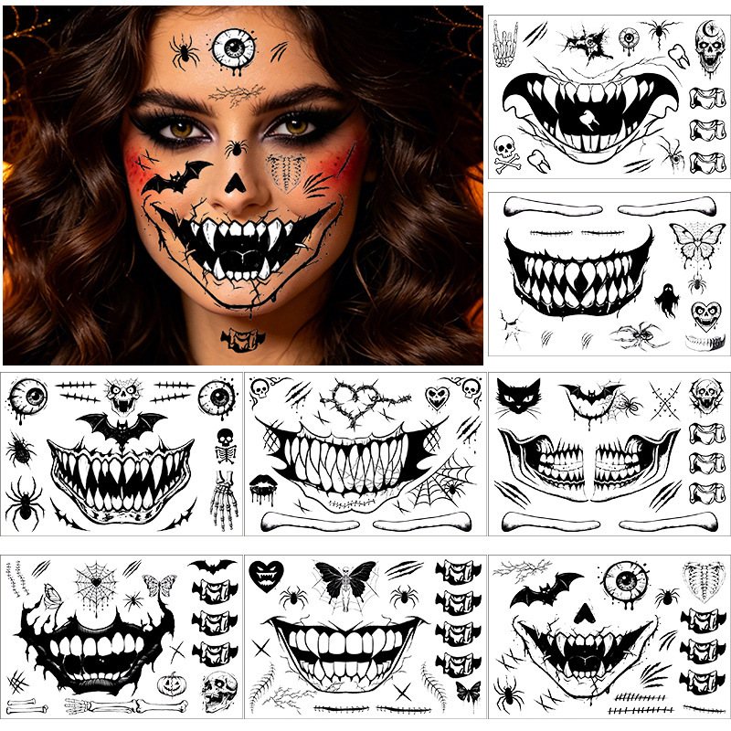New Halloween Big Mouth Tattoo Face Stickers Realistic Horror Ball Atmosphere Makeup Party Face Makeup Set