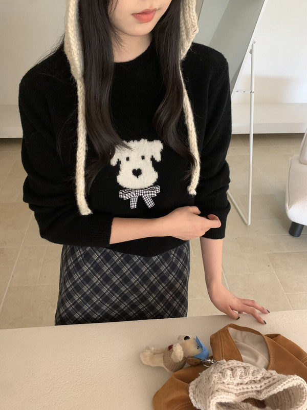 秋季新款！韩系高品质全羊毛格子领结小狗百搭休闲舒适针织衫|undefined