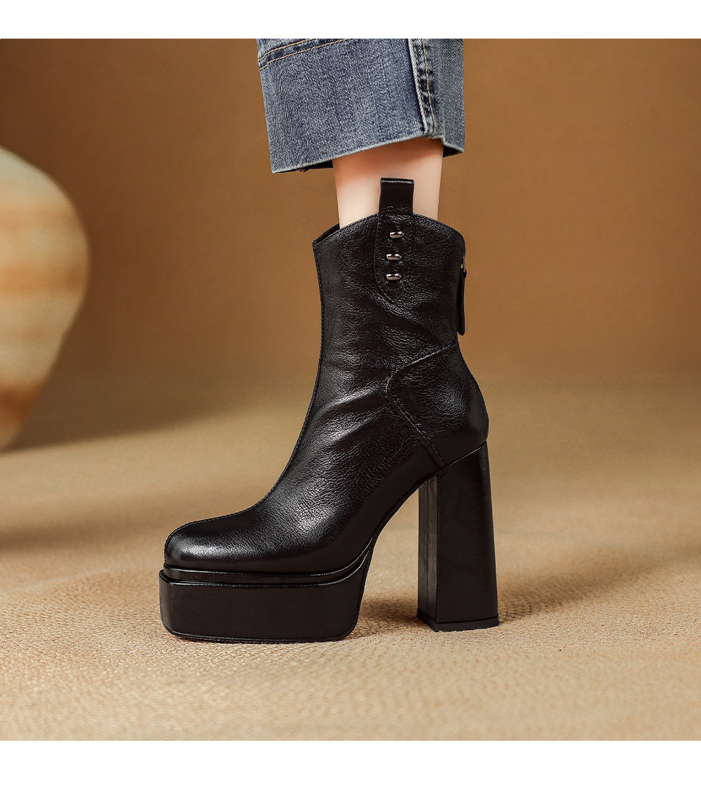 Boot nữ cổ thấp mũi vuông gót vuông cao 9 cm, đế platform, lót nhung ấm mùa thu đông — Lớp lót nhung đen chi tiết 7