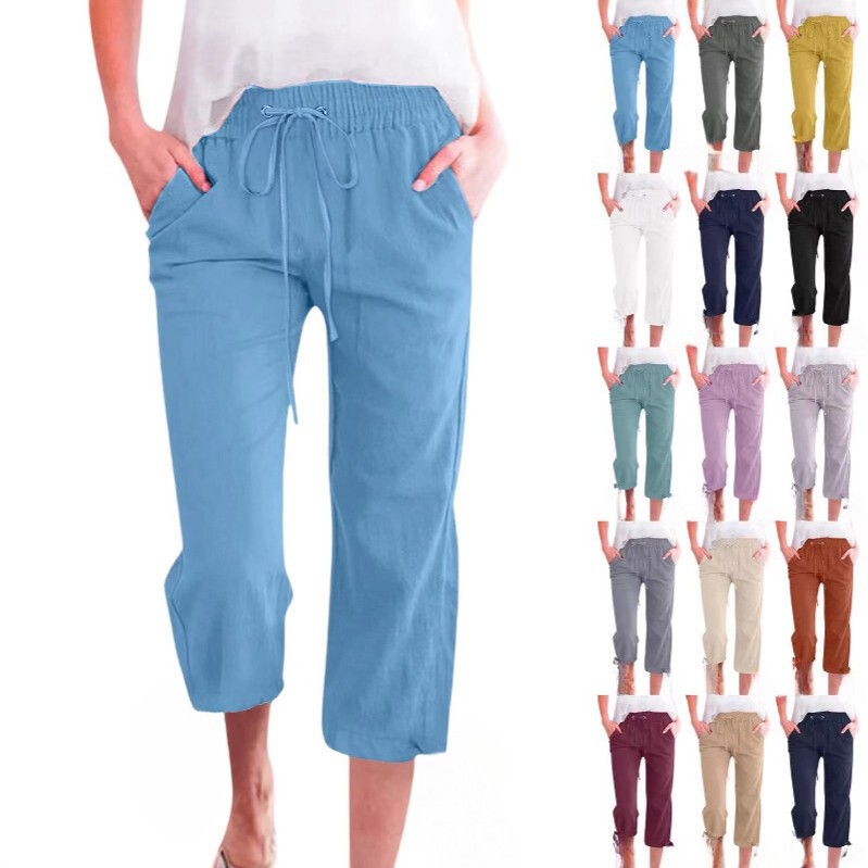 Amazon wish spring and autumn European and American women's solid color cotton and linen loose drawstring cropped wide leg casual trousers women Amazon wish spring and autumn European and American women's solid color cotton and linen loose drawstring cropped wide leg casual trousers women