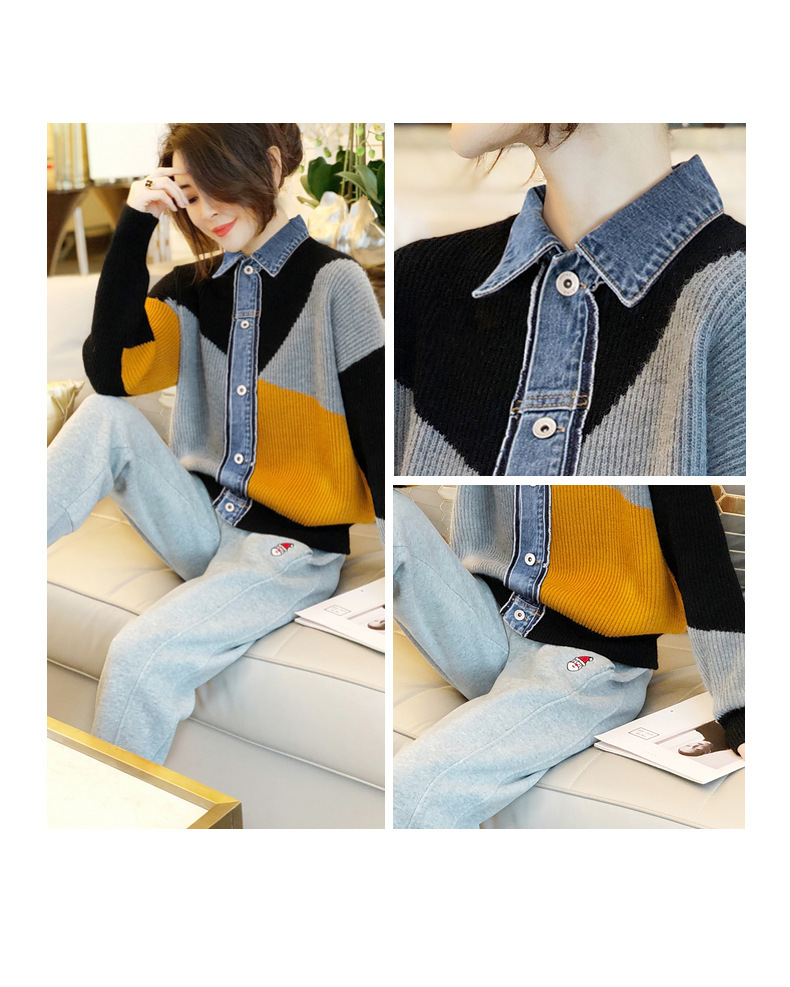 Women's Clothing 2023 autumn new version long sleeved lapel color matching two piece cardigan women's jacket denim_voghion.com