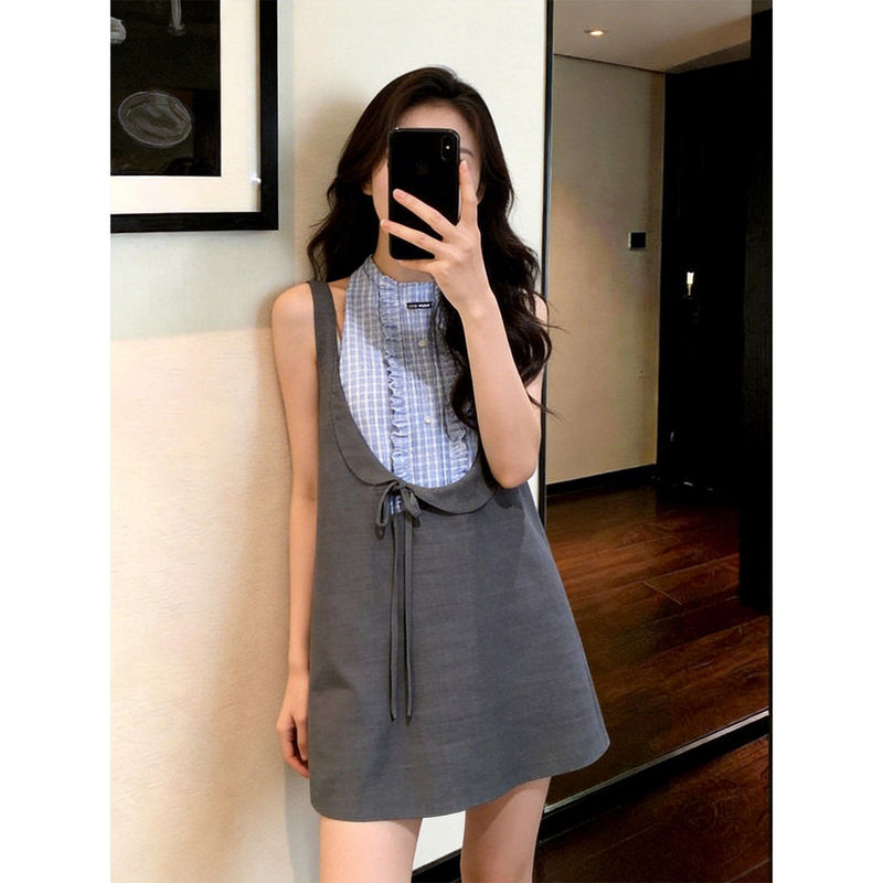 Korean-Style Playful and Youthful High-End Sweet Style Gentle Two-Piece Dress with Round Neck and Plaid Patchwork Sleeveless Short Skirt Korean-Style Playful and Youthful High-End Sweet Style Gentle Two-Piece Dress with Round Neck and Plaid Patchwork Sleeveless Short Skirt