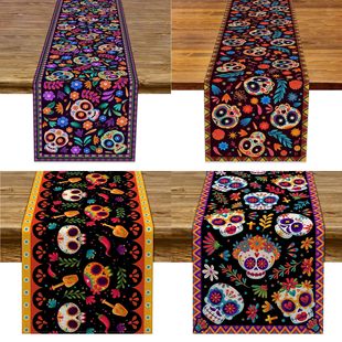 Amazon Hot Mexican Day of the Dead Tablecloth Skull Party Decoration Linen Printed Table Runner Skull Printed Table Runner