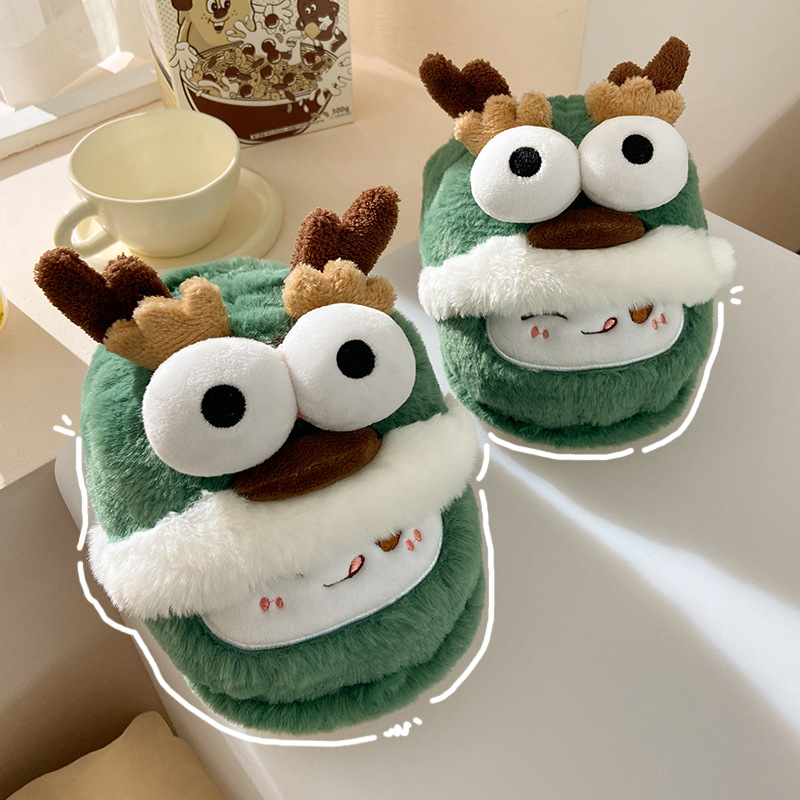 2024 Novi ljubki božični copati z losovim motivom, ženski zimski modni domači mopi za tla, nedrseči puhasti copati_voghion.com