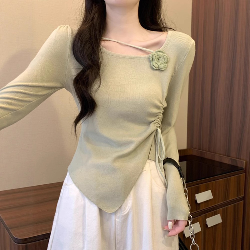Green Short Top Women's Spring Wear Inner Base Shirt 2025 New Miu Style Wear Small Long Sleeve T-Shirt