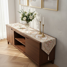 跨境新款新中式茶道禅意茶几桌旗垫旗欧式奢华雪尼尔绣花桌旗批发