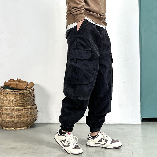 American work pants for men, suitable for spring and autumn, with a loose and spacious design, featuring a high-waisted and ankle-length cut, washed harem pants, trendy and casual pants.