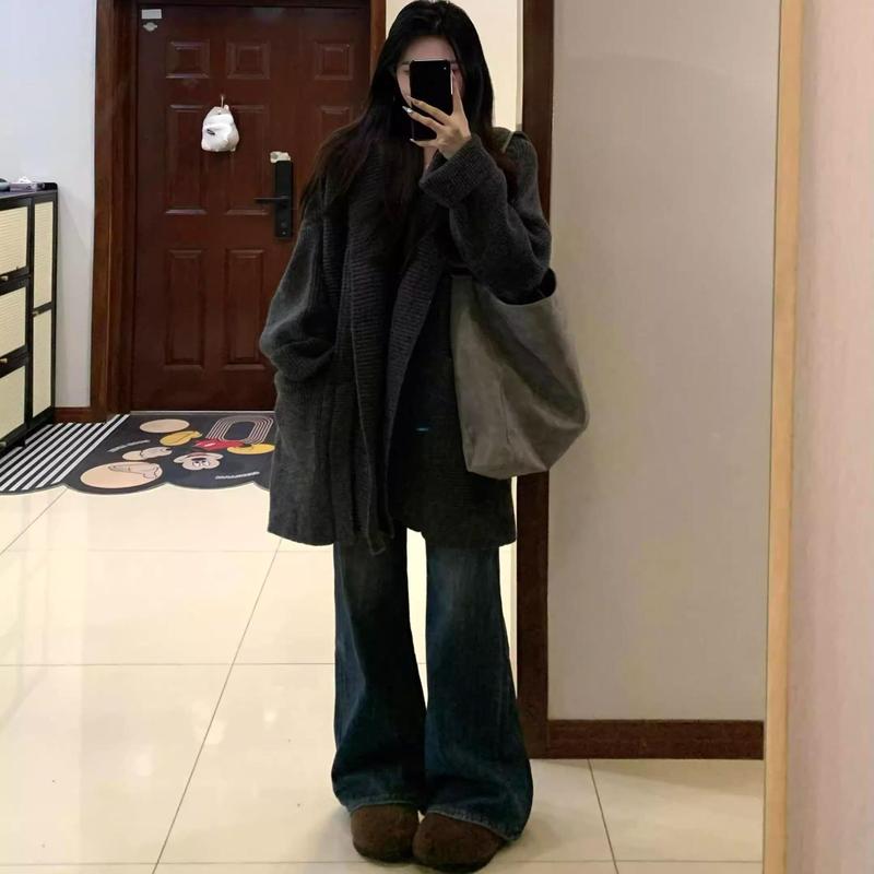 慵懒风灰色翻领连帽毛衣外套女秋冬季加厚宽松中长款针织开衫上衣|undefined