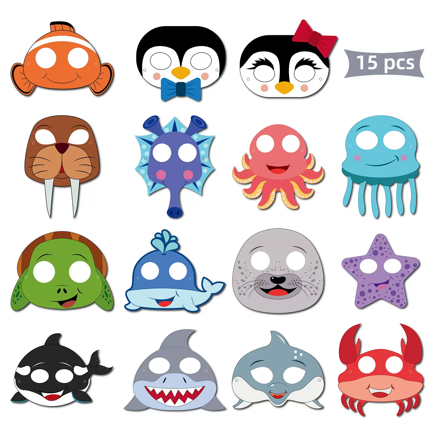 六一儿童节幼儿园派对创意面具海龟鲸鱼企鹅海豚15个海洋动物面具